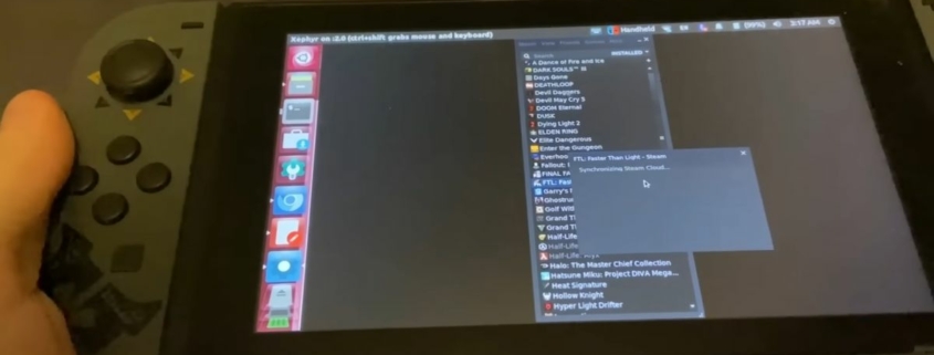 A close up of a Nintendo Switch running Linux with a list of Steam games to install, currently attempting to run FTL: Faster Than Light
