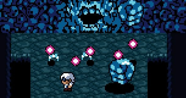 A pixel art dungeoneer flees a giant fist