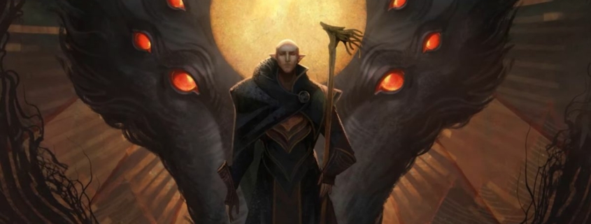 Solas in evil mode outfit standing in front of sunburst consumed by multi-eyed wolf.