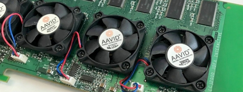 A Voodoo 5 6000 graphics card with fans covering chips