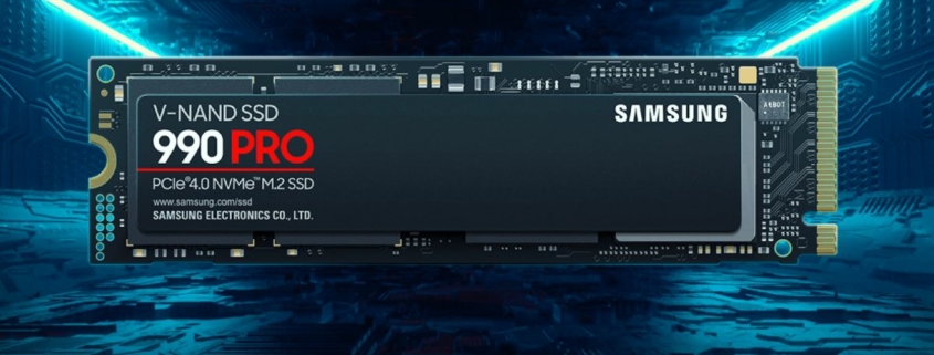 Samsung 990 Pro SSD on a rendered futuristic background