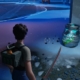 Fortnite - a player stands in the snow looking at a silver slurp barrel