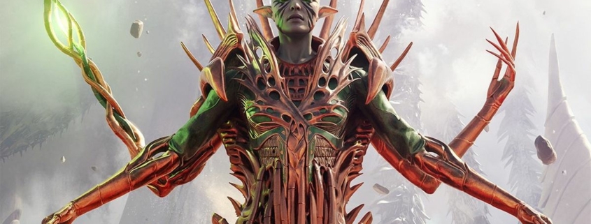 An elf with green eyes and four metallic arms