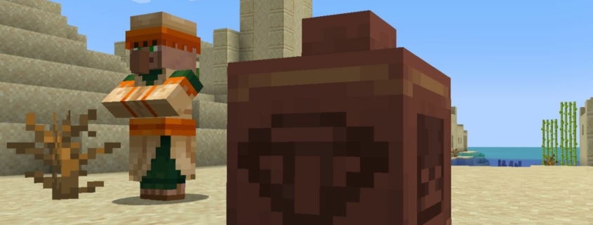 Minecraft - a desert villager stands behind an earthen clay pot with a pattern on it