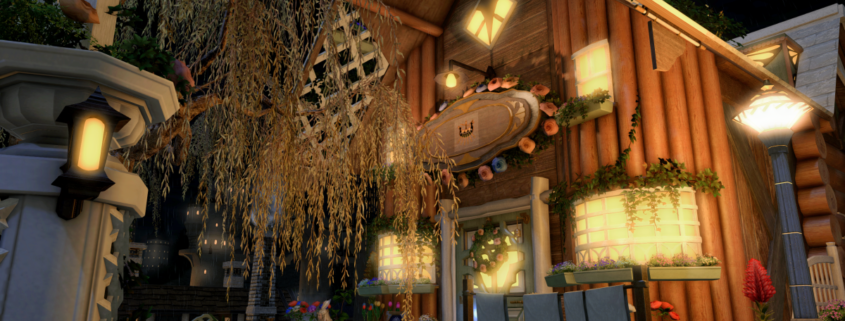 A small house lit up at night in Final Fantasy 14.