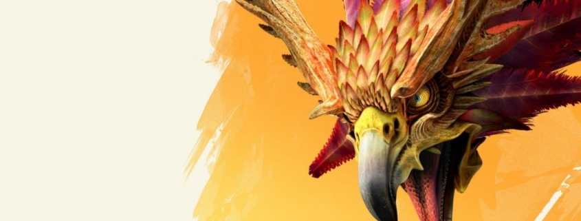 The head of a gigantic bird with colorful plumage