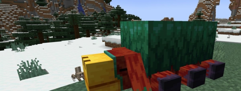 Minecraft Sniffer mob lies on the ground with its six legs splayed out beside a bunny.