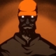 Silhouetted man with hollow, blank eyes and orange cap on burnt umber background