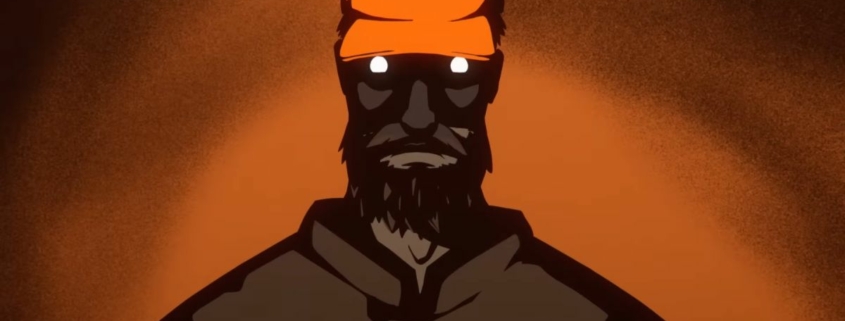 Silhouetted man with hollow, blank eyes and orange cap on burnt umber background