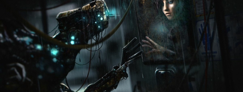 Official artwork showing a human and android separated by a glass screen in Soma.