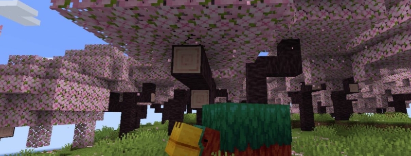 Minecraft - A sniffer stands beneath pink leaved cherry blossom trees