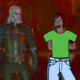 Geralt stands next to a naked woman, covered by simplistic clipart of a t-shirt and jeans.