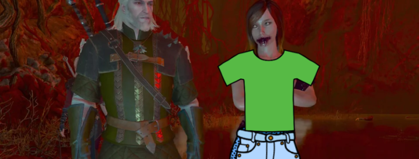 Geralt stands next to a naked woman, covered by simplistic clipart of a t-shirt and jeans.