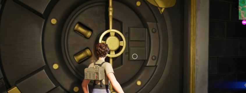 Fortnite - a player stands in front of a large col blooded vault door