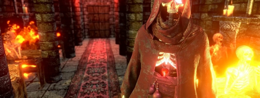 Skeleton facing camera off to right hand side in a chapel, has red glowing eyes and is wearing a hood