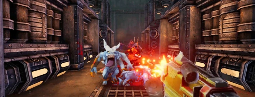 A first-person view of a Space Marine shooting a boltgun at a daemon in Warhammer 40,000: Boltgun.