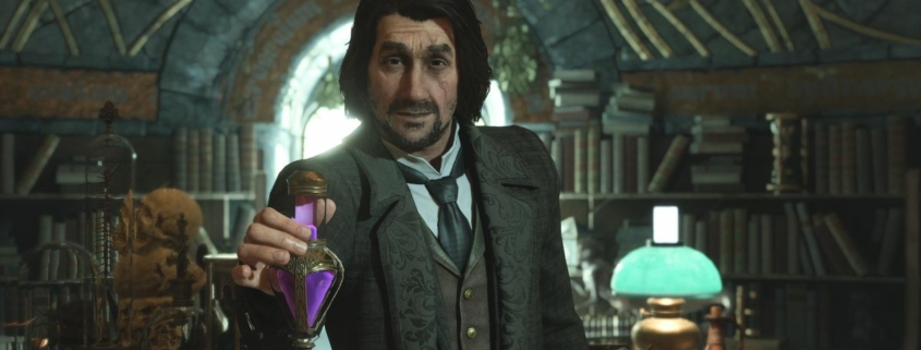 Hogwarts Legacy potions professor holding a potion