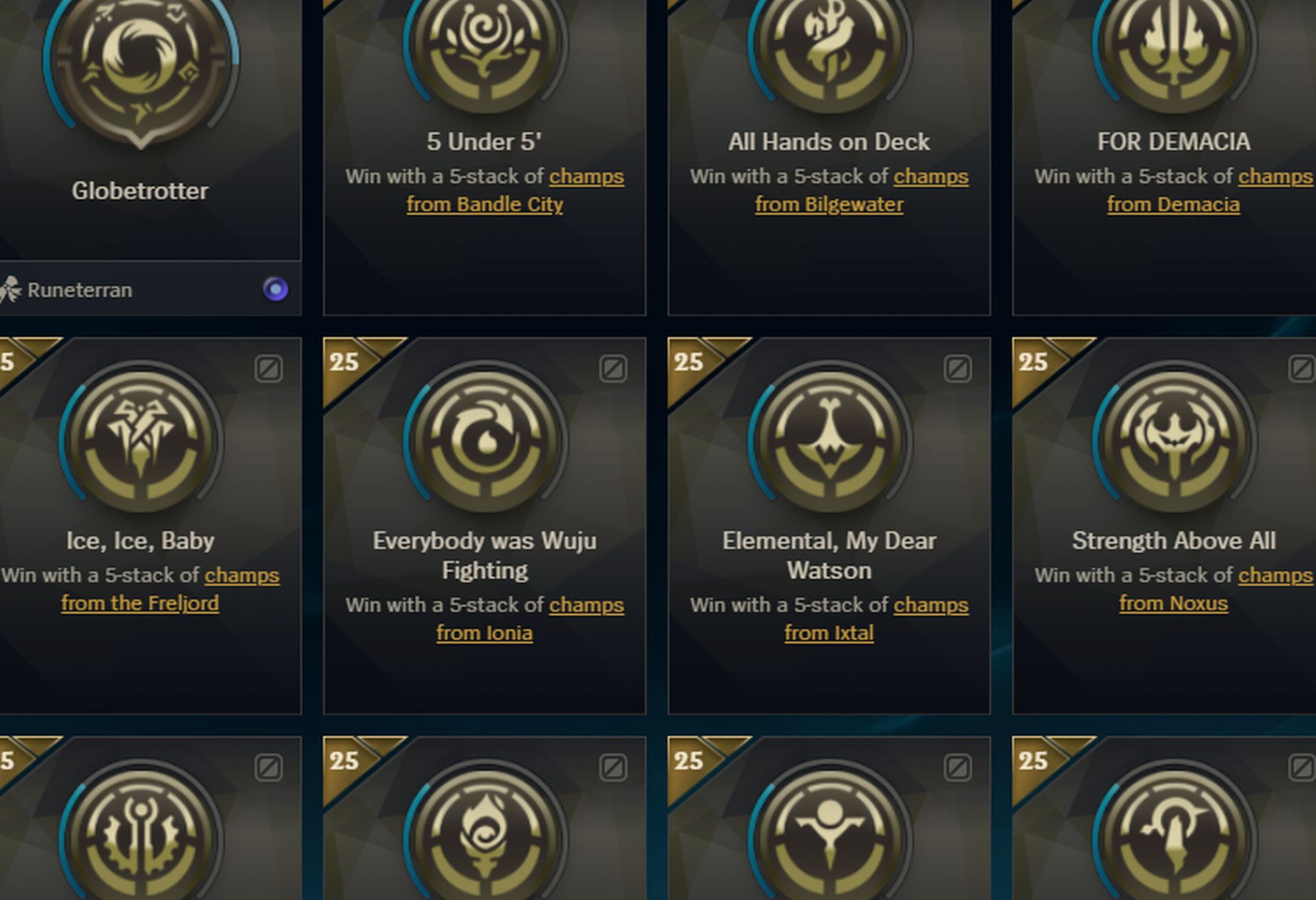 A set of completed Globetrotter Challenges in League of Legends.