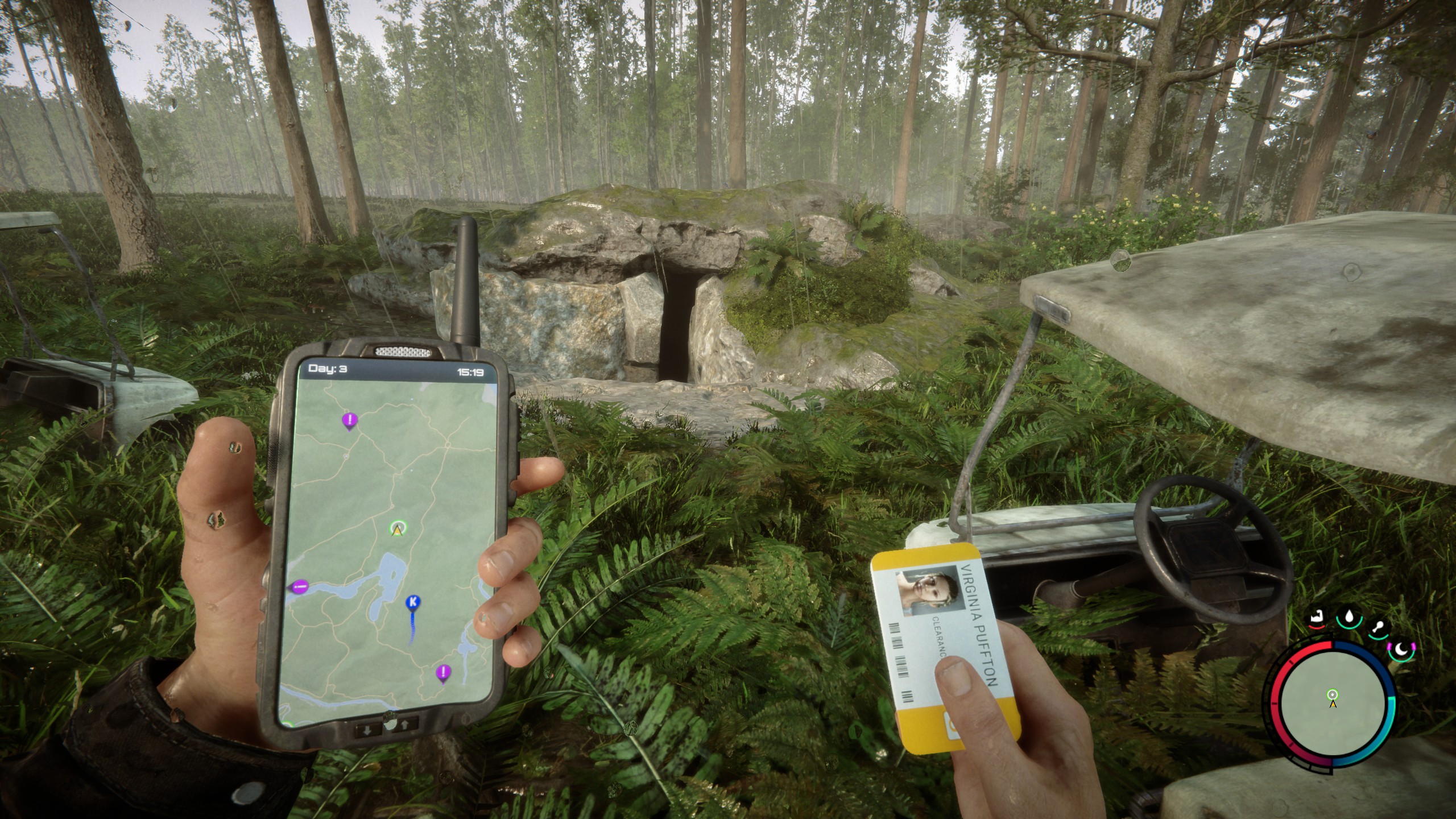 Sons of the forest - a player holds a VIP keycard outside a cave