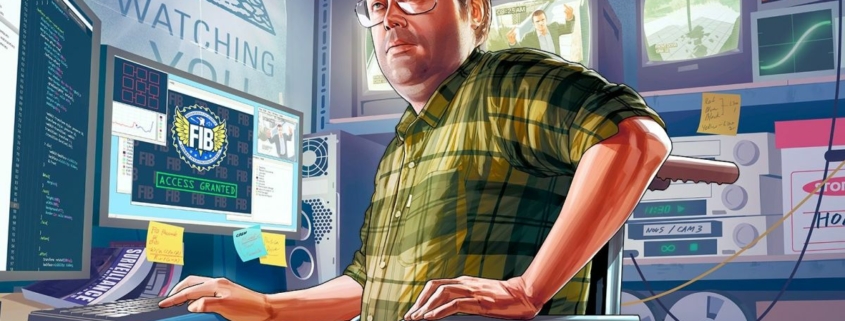 An image of Lester from GTA 5, surrounded by computer hardware.