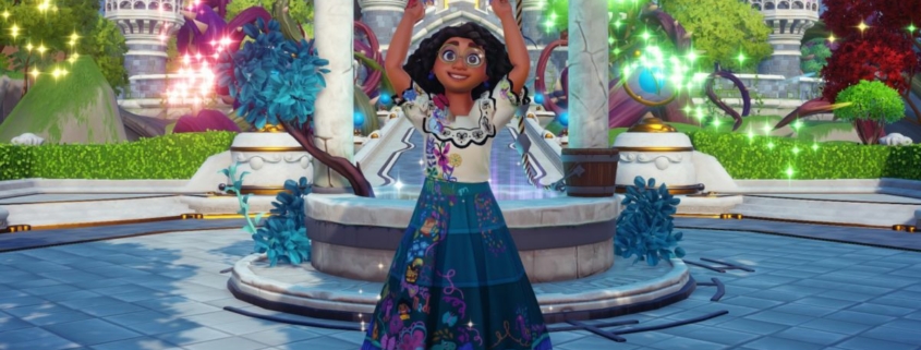 Disney Dreamlight Valley - Mirabel from Encanto standing in front of the plaza fountain, cheering in celebration