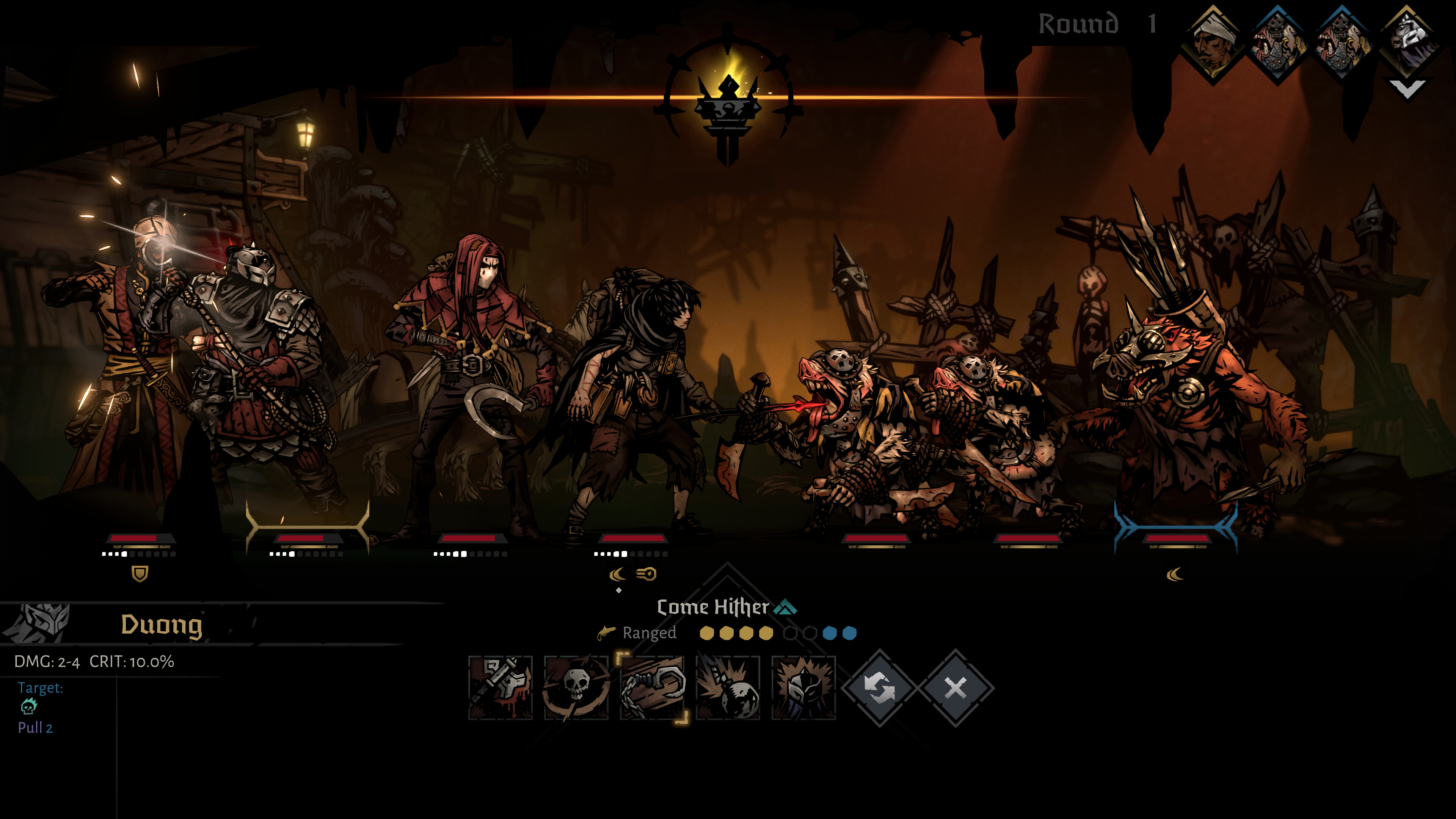 A turn-based battle between adventurers and pig monsters in Darkest Dungeon 2.