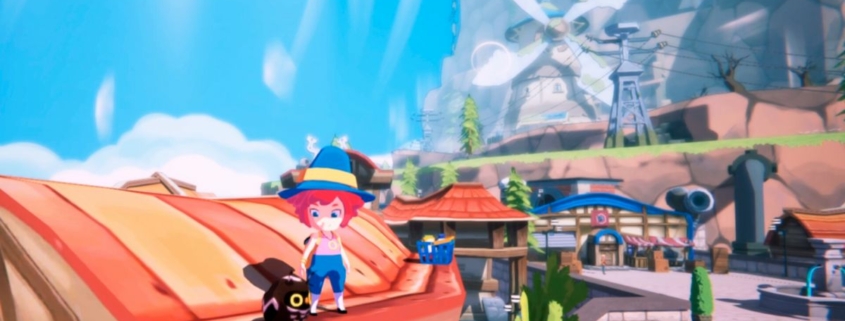 Mika standing on roof facing camera, town, mountain, and windmill visible in background