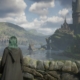 Hogwarts Legacy fluxweed stem - character is looking out over a lake to Hogwarts