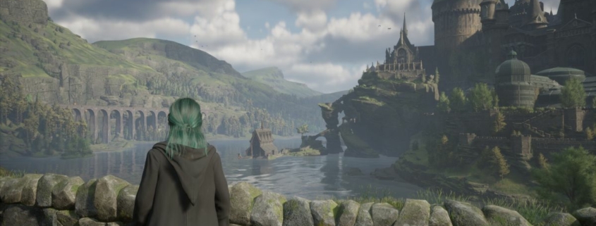 Hogwarts Legacy fluxweed stem - character is looking out over a lake to Hogwarts