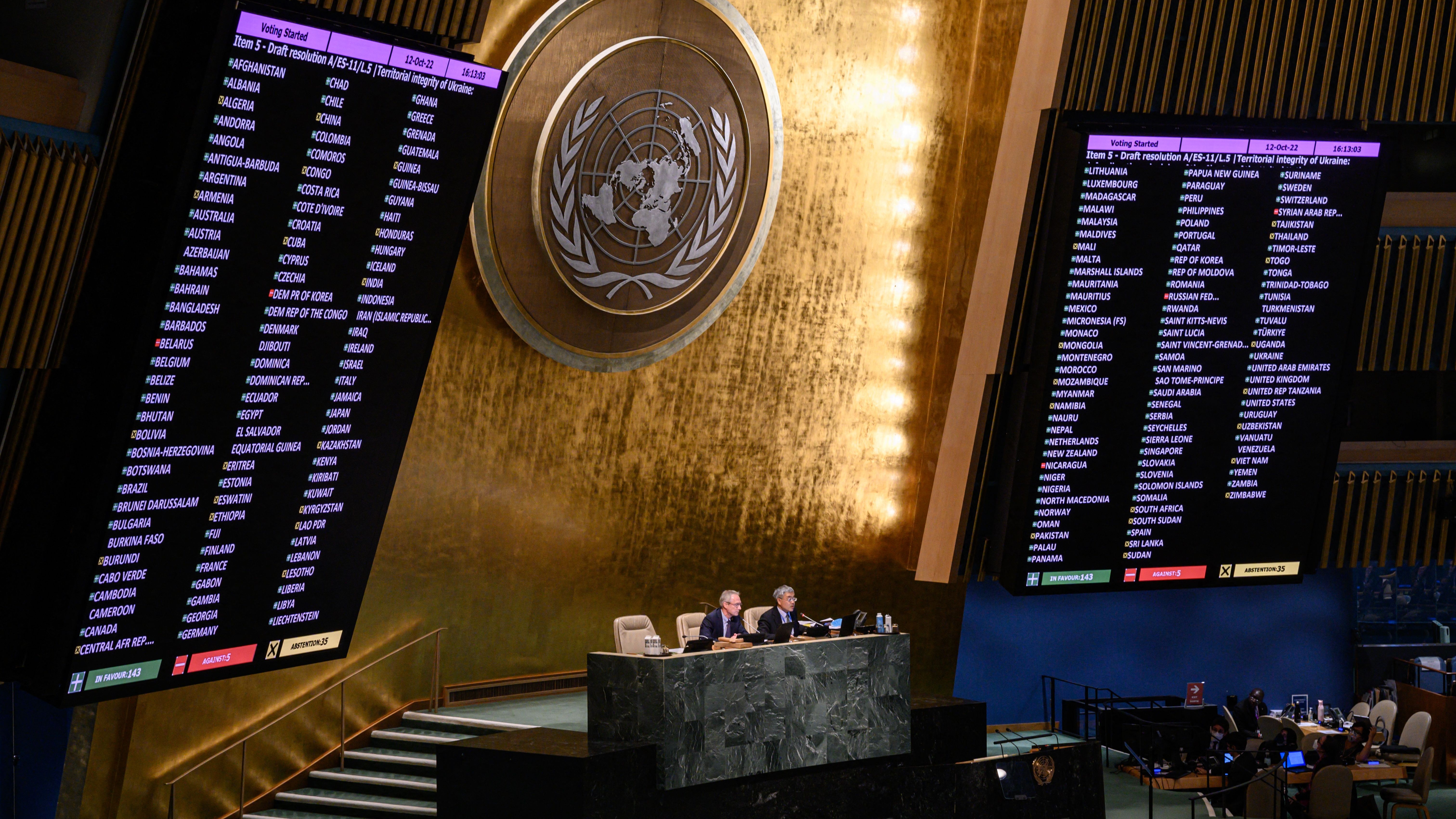 A general view shows voting results during a UN General Assembly emergency meeting to discuss Russian annexations in Ukraine at the UN headquarters in New York City on October 12, 2022. - The United Nations General Assembly on Wednesday overwhelmingly voted to condemn Russia's annexations of parts of Ukraine after Moscow vetoed a similar effort in the Security Council.