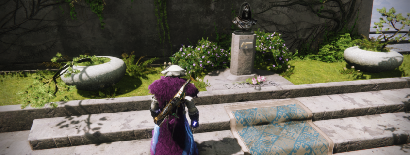 A Guardian stands at the memorial to Cayde-6.