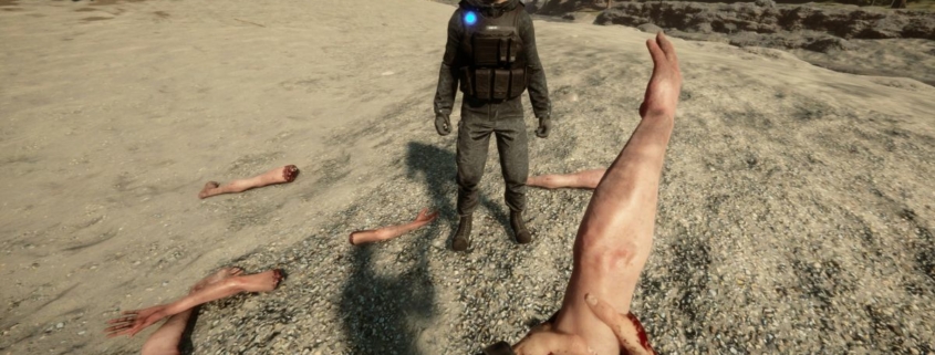 man holding severed arm with other limbs scattered around