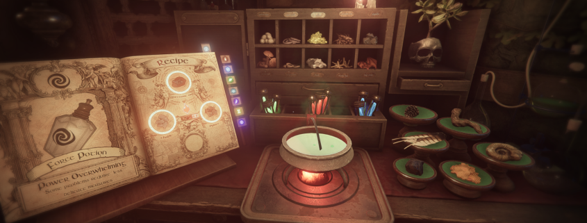 Mixing alchemical concoctions in the lab of Escape First Alchemist.