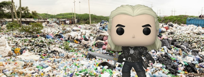 Geralt of Rivia Funko Pop superimposed over Mountain of rubbish and plastic bags, in the Dandora landfill in Nairobi, with marabu birds. High pollution and serious damage to the ecosystem. - stock photo by Enrico Tricoli via Getty Images