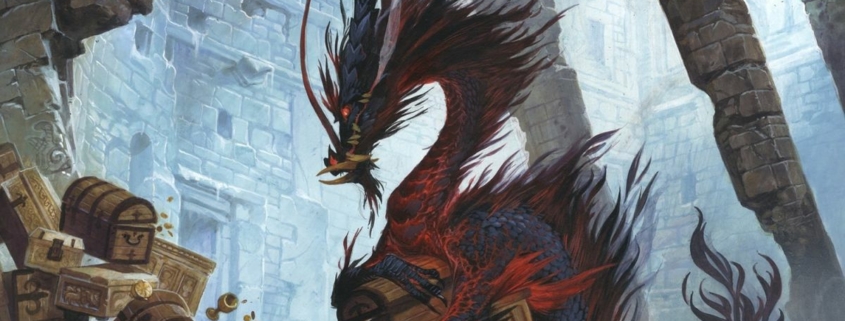 Art of a dragon from TRPG Pathfinder. It is sitting atop a pile of treasure chests.