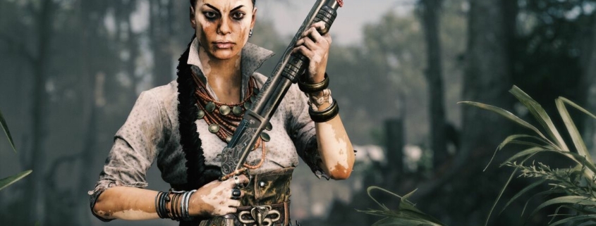 Hunt showdown female character holding shotgun staring forward boldly