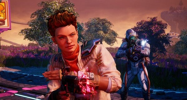 One of the companions in The Outer Worlds firing a small laser pistol like a revolver.