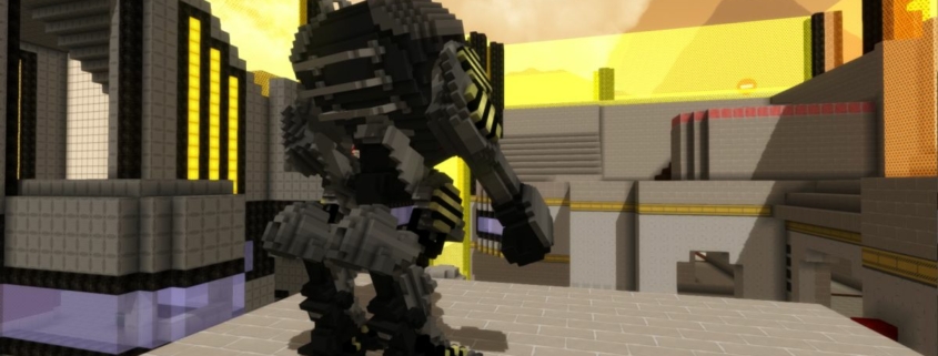 A big mech looks over a battlefield in Blockstorm.