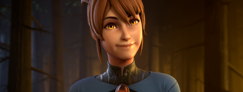 Image of the hero Marci from Dota 2. She is brown-haired and yellow eyed. She is smirking at the camera in a friendly way.