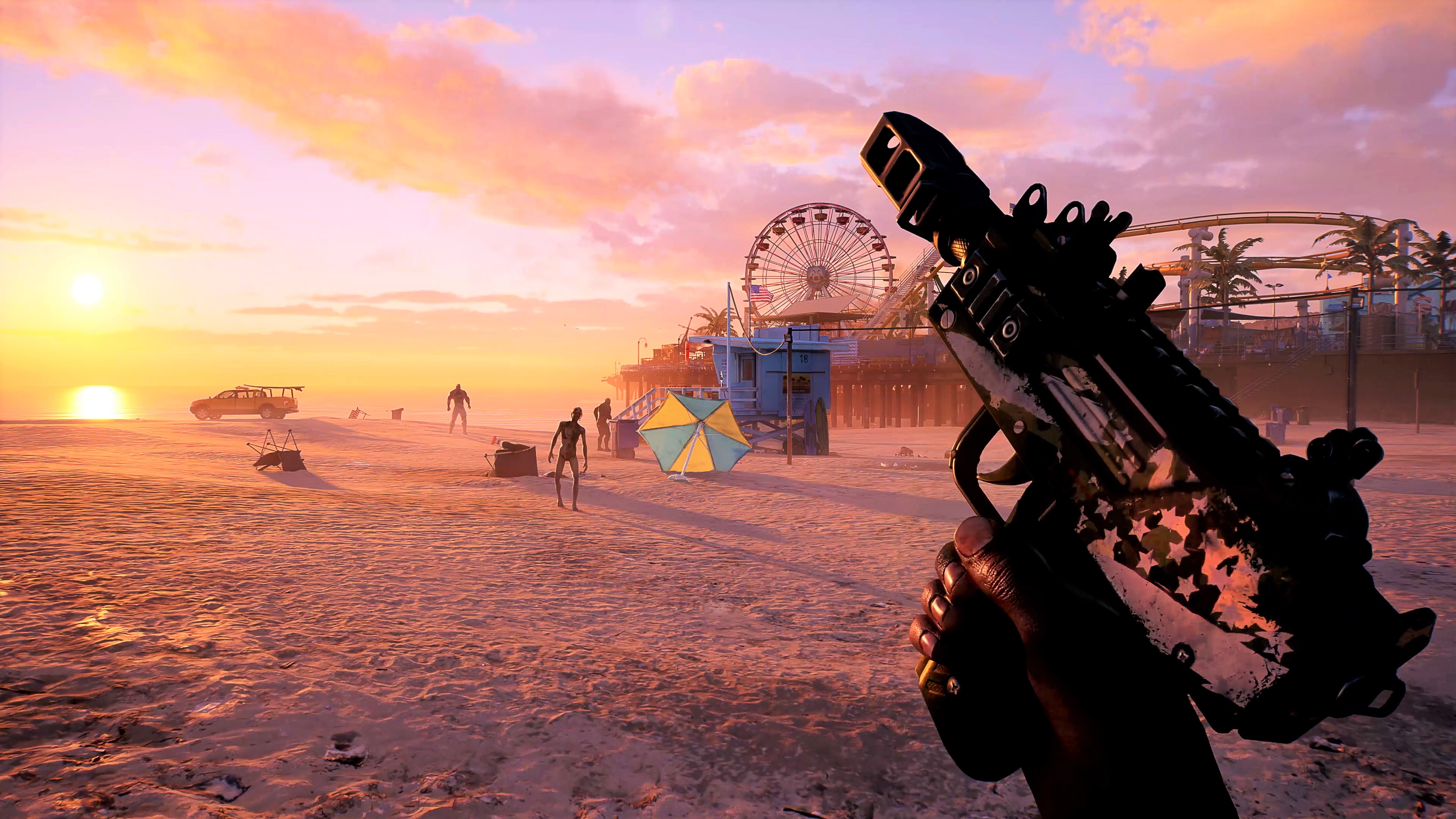 Zombies wandering across an LA beach in Dead Island 2.