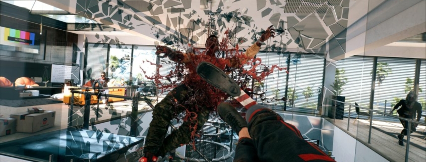 A zombie being kicked through a glass wall in Dead Island 2.