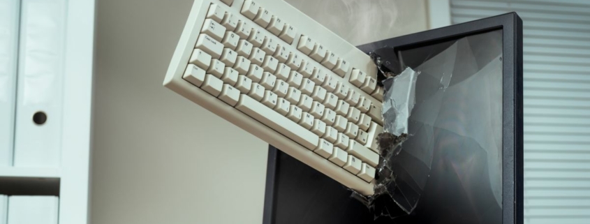 keyboard smashed through computer monitor