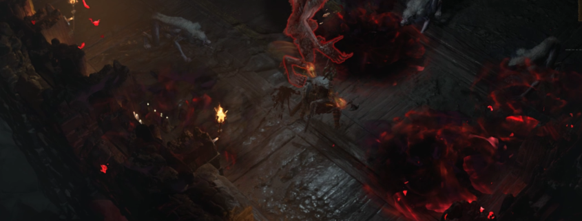 A Barbarian fighting the giant werewolf Den Mother in Diablo 4.