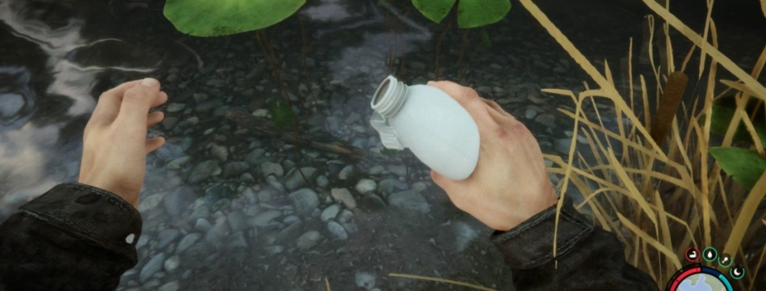 Sons of the Forest - a player holds a water flask and fills it in a pond