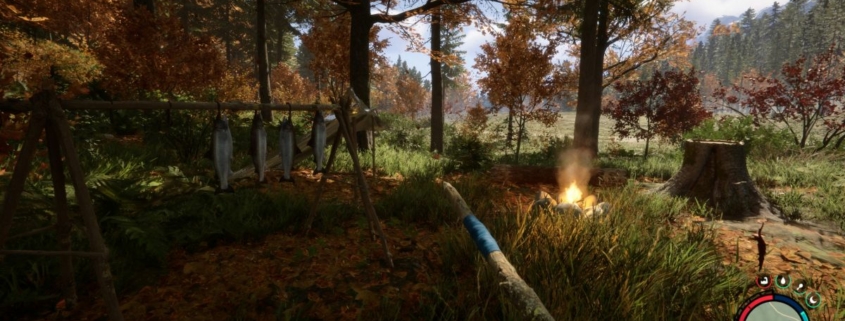 Sons of the Forest drying rack - a first-person viewpoint of someone holding a wooden spear looking towards a campsite with a drying rack and a small fire