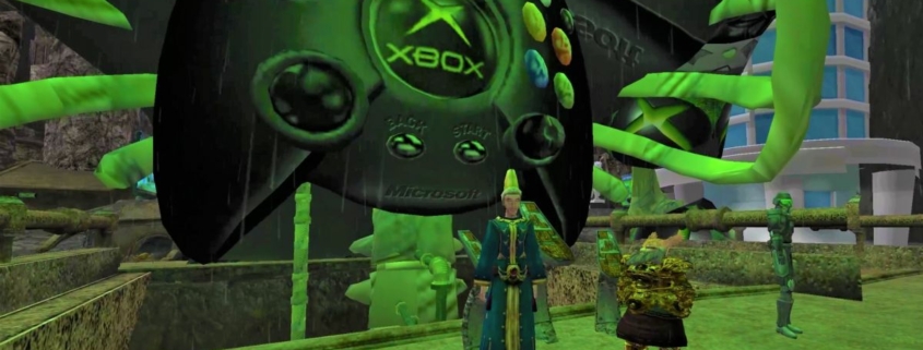 Morrowind protag standing in front of giant floating xbox controller