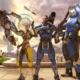 Characters from LawBreakers stand in a row, toting guns.