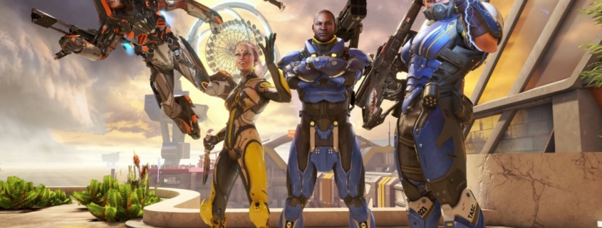 Characters from LawBreakers stand in a row, toting guns.