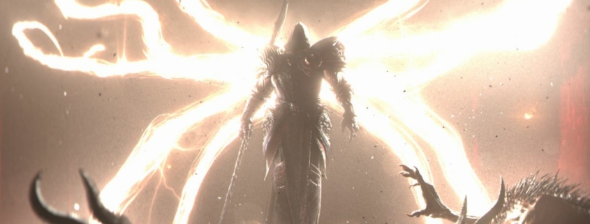 Diablo 4 — the rogue archangel Inarius spreads his spooky tendril wings, blinding nearby demons.