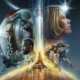 Starfield key art, showing Vasco, a robotic Starfield companion, a shuttle taking flight, and a series of human characters, one wearing an astronaut-style spaceflight helmet.